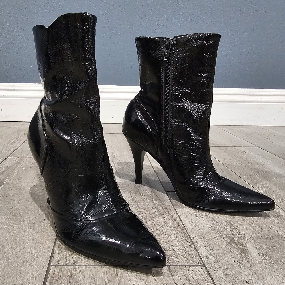 DUNE London Women Pointed Toe Black Patented Leather Heeled Ankle Boots 37/6M